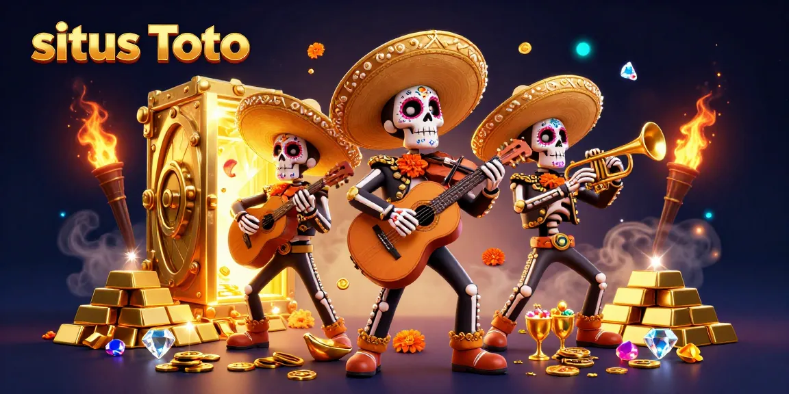 Situs Toto showcases colorful skeleton mariachi band amidst gold treasures in vibrant casino scene.
