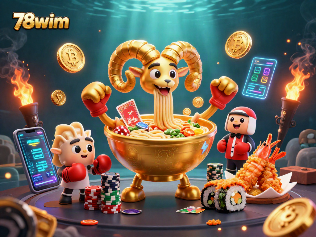 Engage with the vibrant 3D scene featuring 78wim, a giant golden ramen bowl and crypto elements.