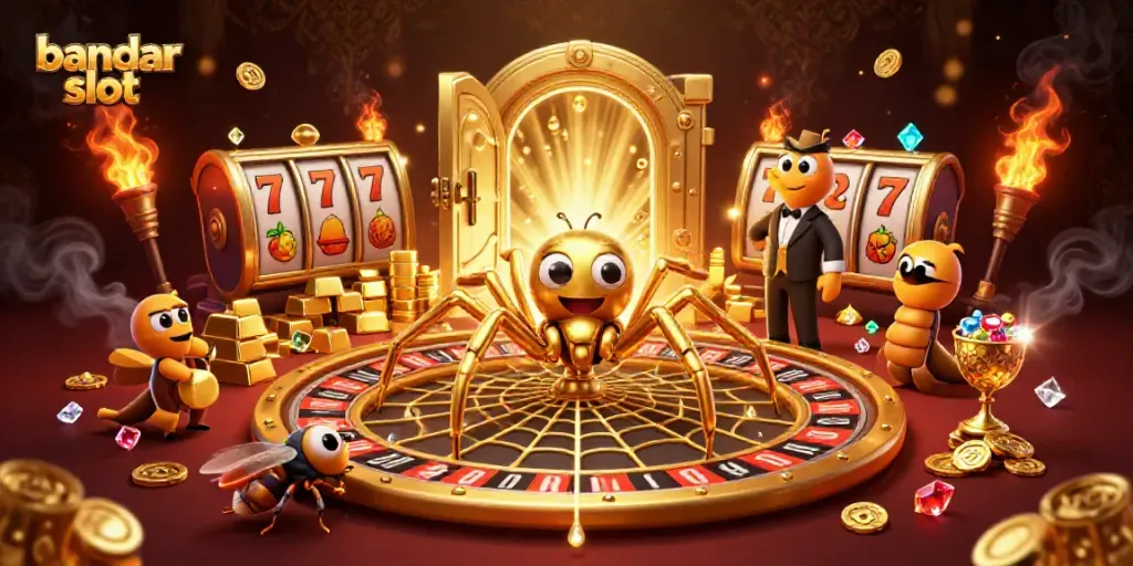 Bandar slot menampilkan laba-laba emas dan juru judi centipede di dalam ilustrasi kasino.