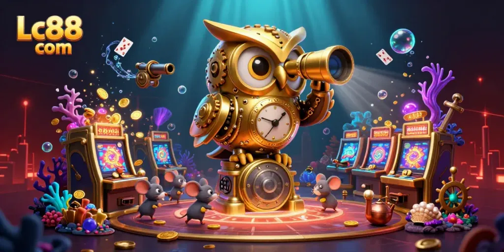 Experience Lc88 com's vibrant casino scene with an owl, mice, and gold treasures!