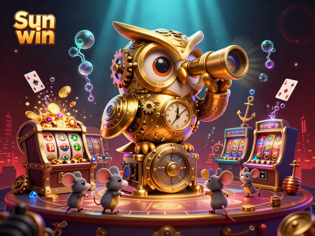 Experience thrilling wins with Sun win at this vibrant online casino scene featuring slot machines and playful characters.