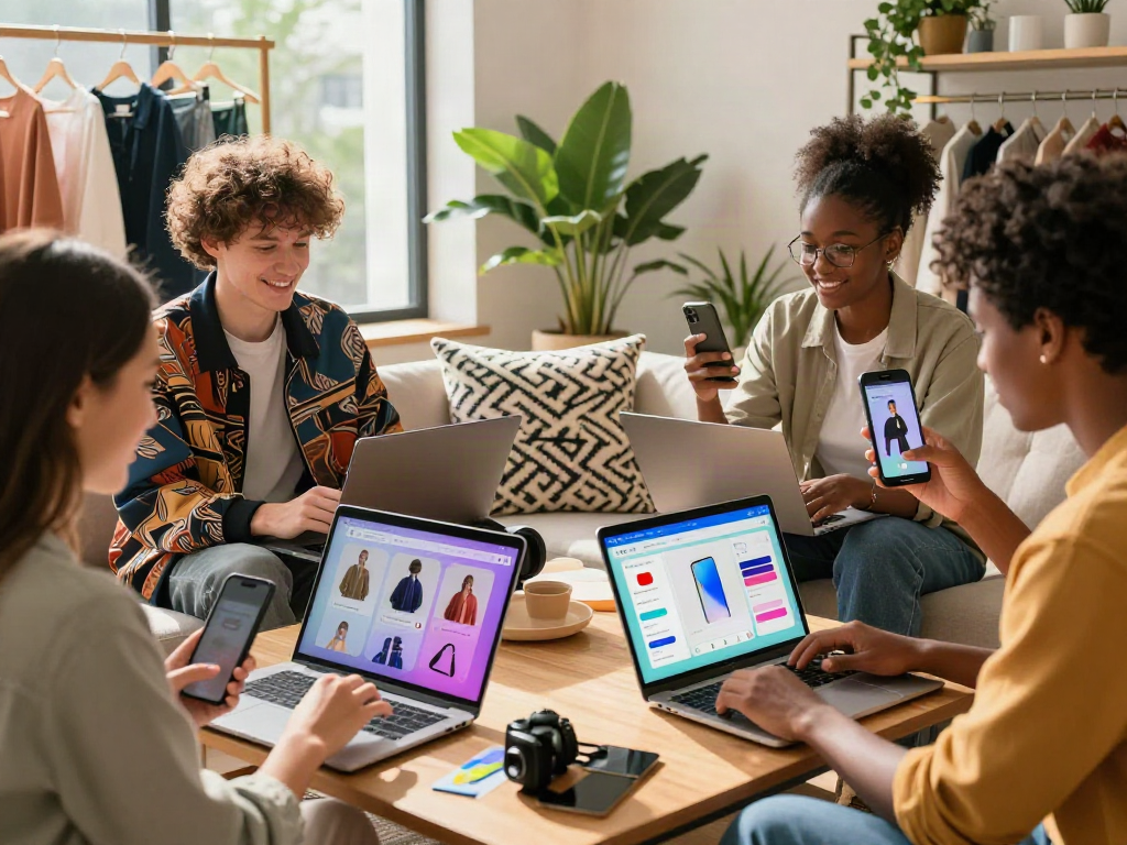 Young adults excitedly shopping online for fashion items, showcasing bro138 with laptops and smartphones in a cozy setting.