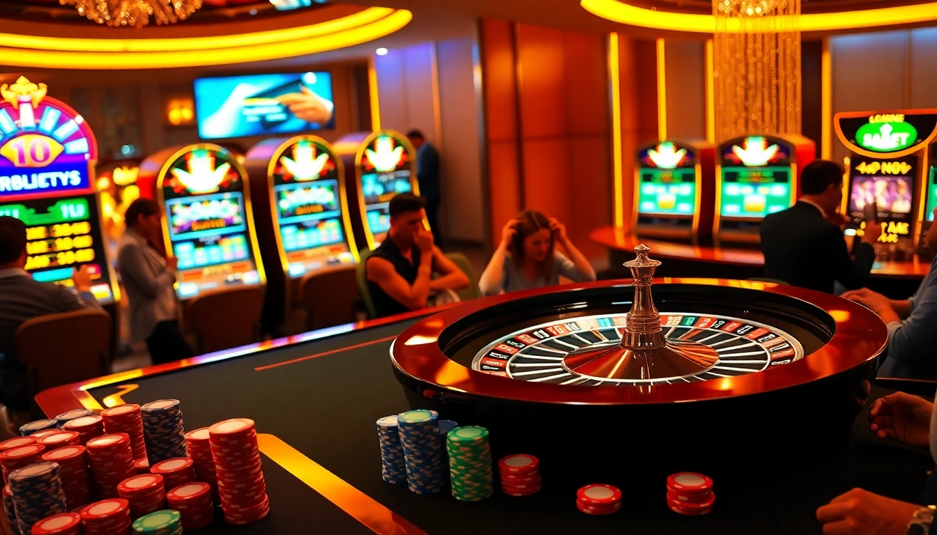 Engaging scene of players at a luxurious casino with KTPJITU slot machines and poker chips.