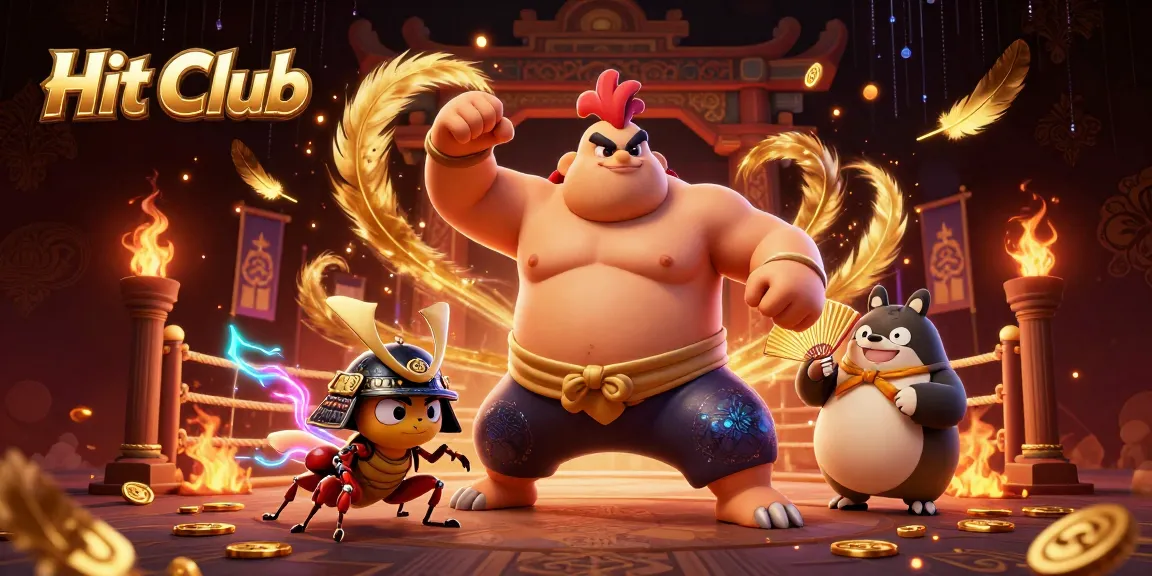 Hit Club presents an exhilarating scene with a sumo wrestler rooster, samurai cricket, and announcing tanuki.