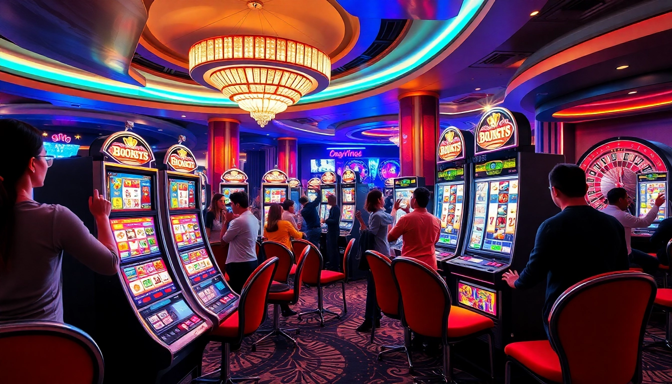 Players enjoying a thrilling moment at a nama situs judi slot online with colorful slot machines and poker chips.