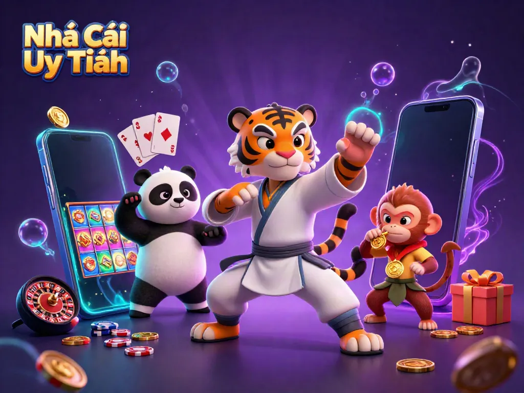 A 3D cartoon illustration of characters showcasing Nhà Cái Uy Tín, with a kung fu tiger master and playful panda in a vibrant casino setting.
