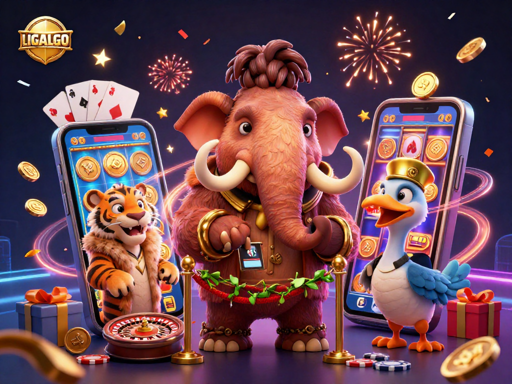 LIGALGO showcases a vibrant casino scene with a woolly mammoth bouncer and colorful gaming elements.