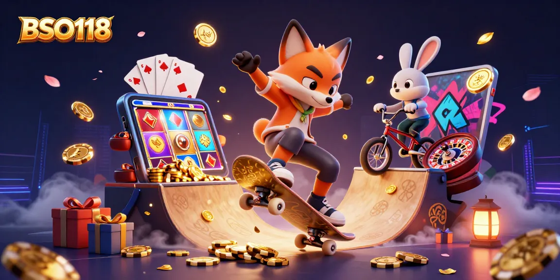 Experience thrilling gaming with BSO118, showcasing a vibrant scene with animated casino elements.