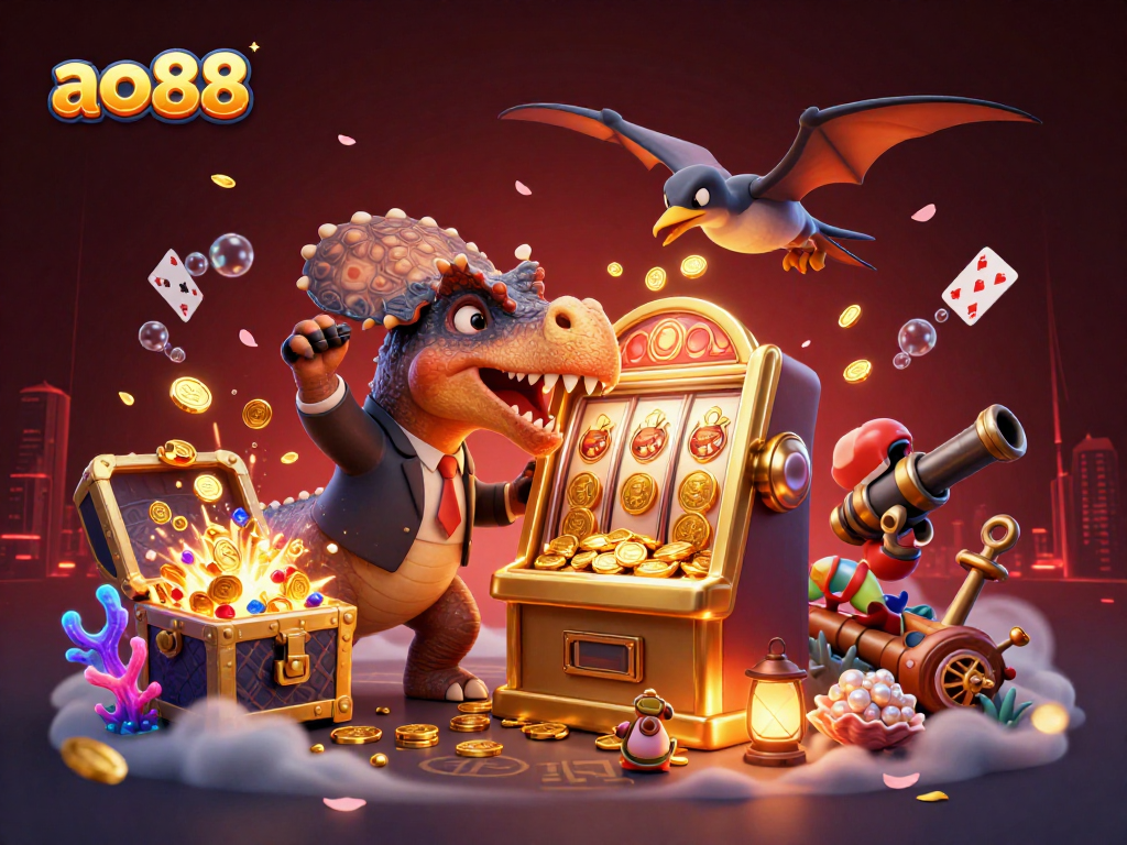 Experience the thrill at ao88 with a dynamic 3D scene of a pachycephalosaurus engaging a golden slot machine.