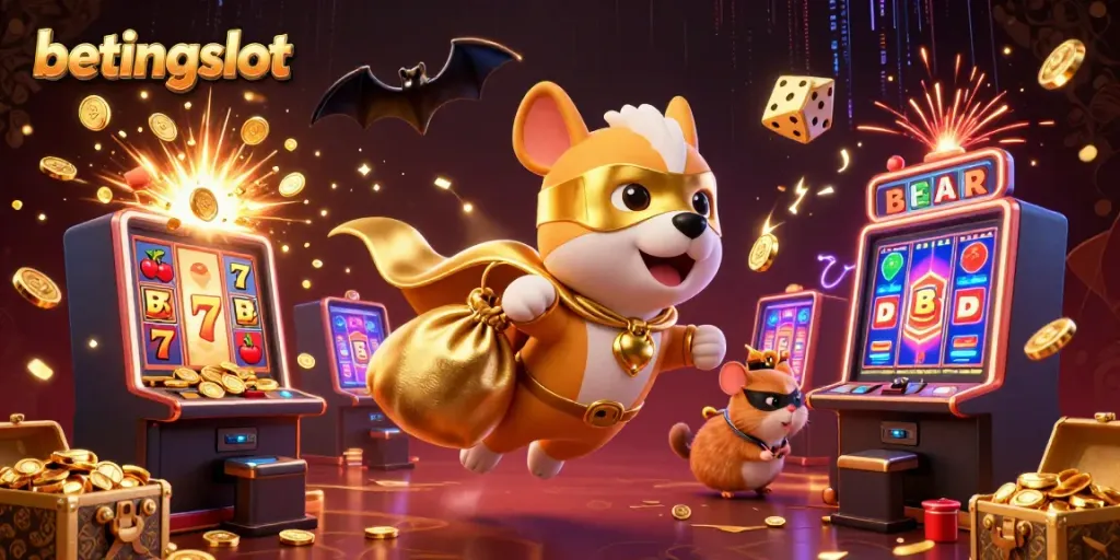 Gambaran penuh warna tentang betingslot yang menampilkan anjing pahlawan terbang dengan koin emas dan slot mesin jackpot.
