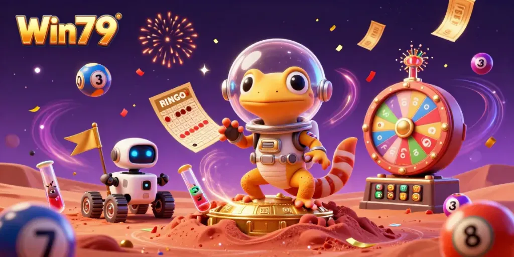 Experience the thrilling world of Win79 casino featuring dynamic lottery elements and a Martian gecko.