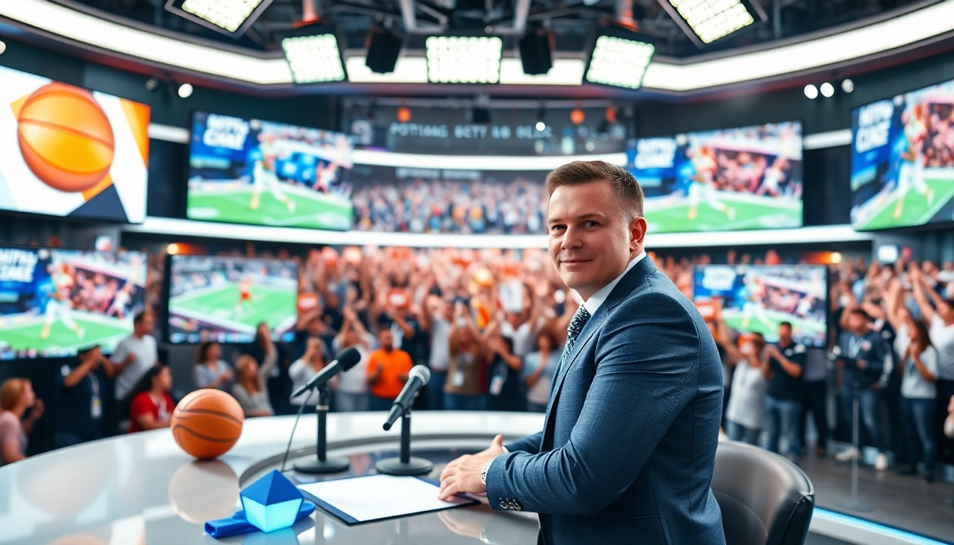 Engaging scene of sports broadcasting featuring multiple screens and a dynamic atmosphere.