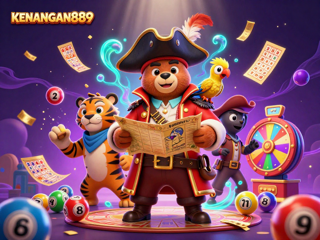 Experience the excitement of KENANGAN889 with a colorful scene of lottery balls and vibrant characters.