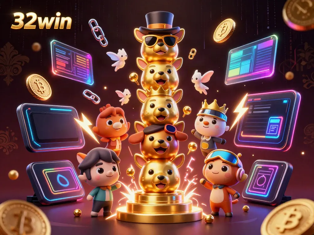 Experience thrilling gaming moments with 32win through vibrant casino elements in a captivating 3D scene.
