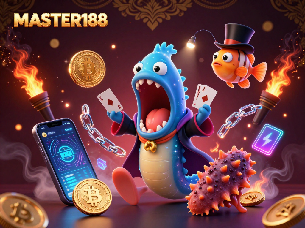 Experience the excitement of gambling with MASTER188's vibrant 3D illustration featuring unique characters and crypto elements.