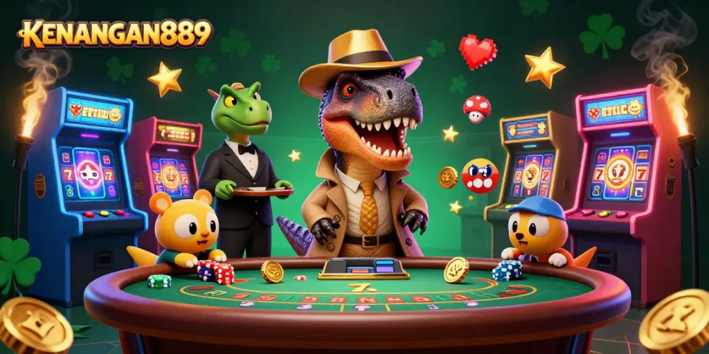 Experience KENANGAN889 excitement as a velociraptor sneaks chips at a blackjack table, surrounded by casino elements.