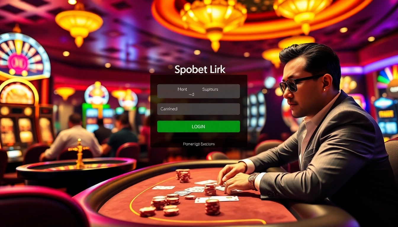 SboBet link login showcased in a vibrant casino scene with high-stakes poker action and digital interfaces.