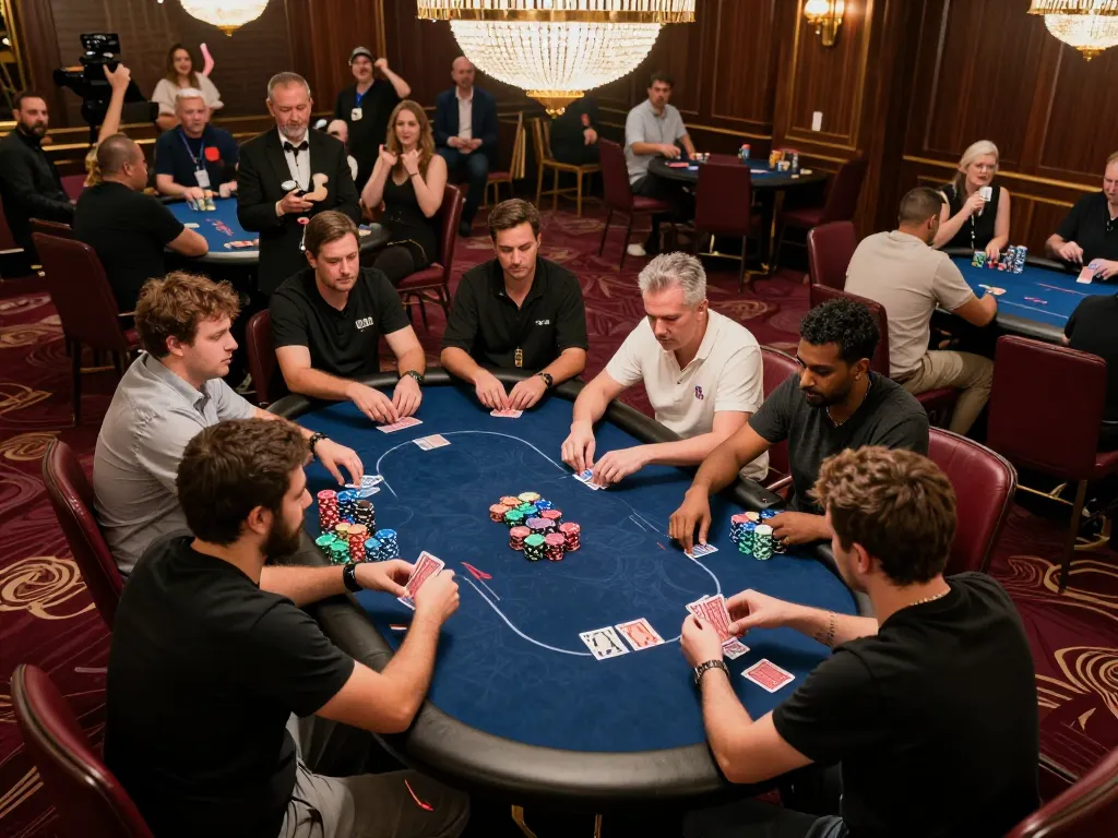 sunwin players engaged in a high-stakes poker game at a luxury casino with vibrant chip stacks