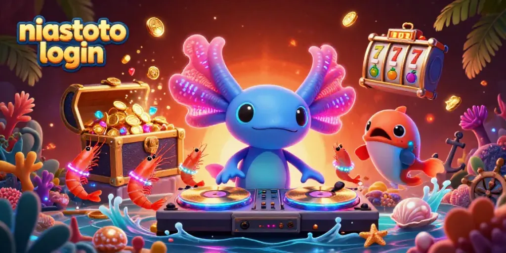 Ilustrasi 3D niastoto login menampilkan DJ axolotl cerah, mesin slot, dan kemeriahan bawah laut.