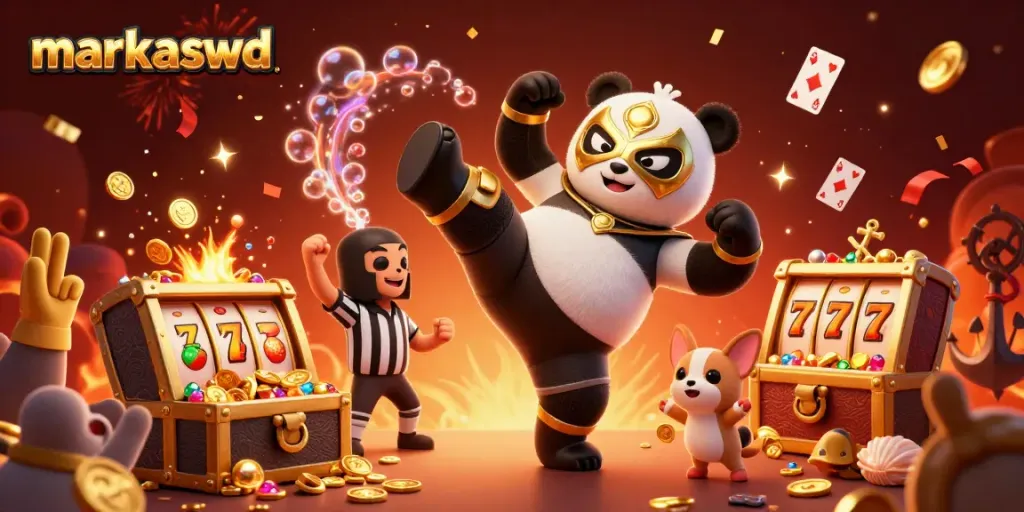 markaswd celebrates a thrilling casino showdown with a panda wrestler and excited critters.