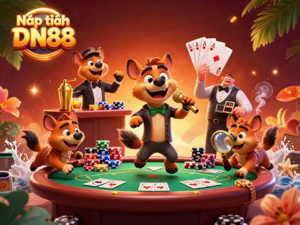 Engage with Nạp tiền DN88 through a lively cartoon hyena casino scene full of poker action and humor.