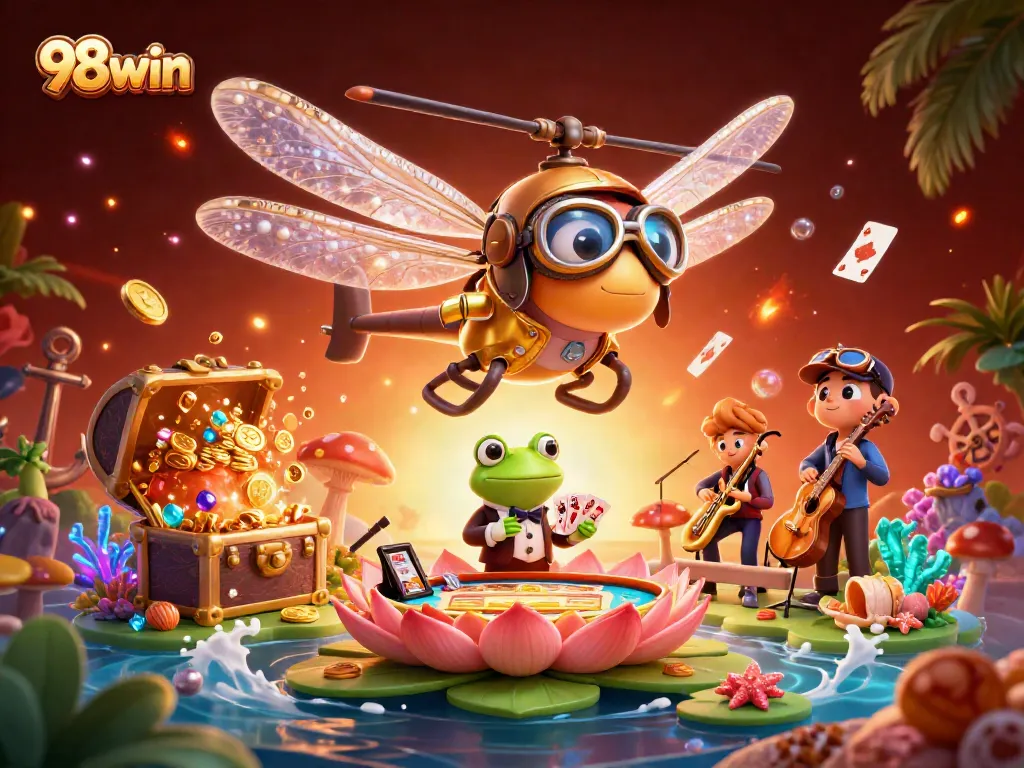 Bet on exciting outcomes with 98win in a vibrant lily pad casino scene showcasing unique characters.