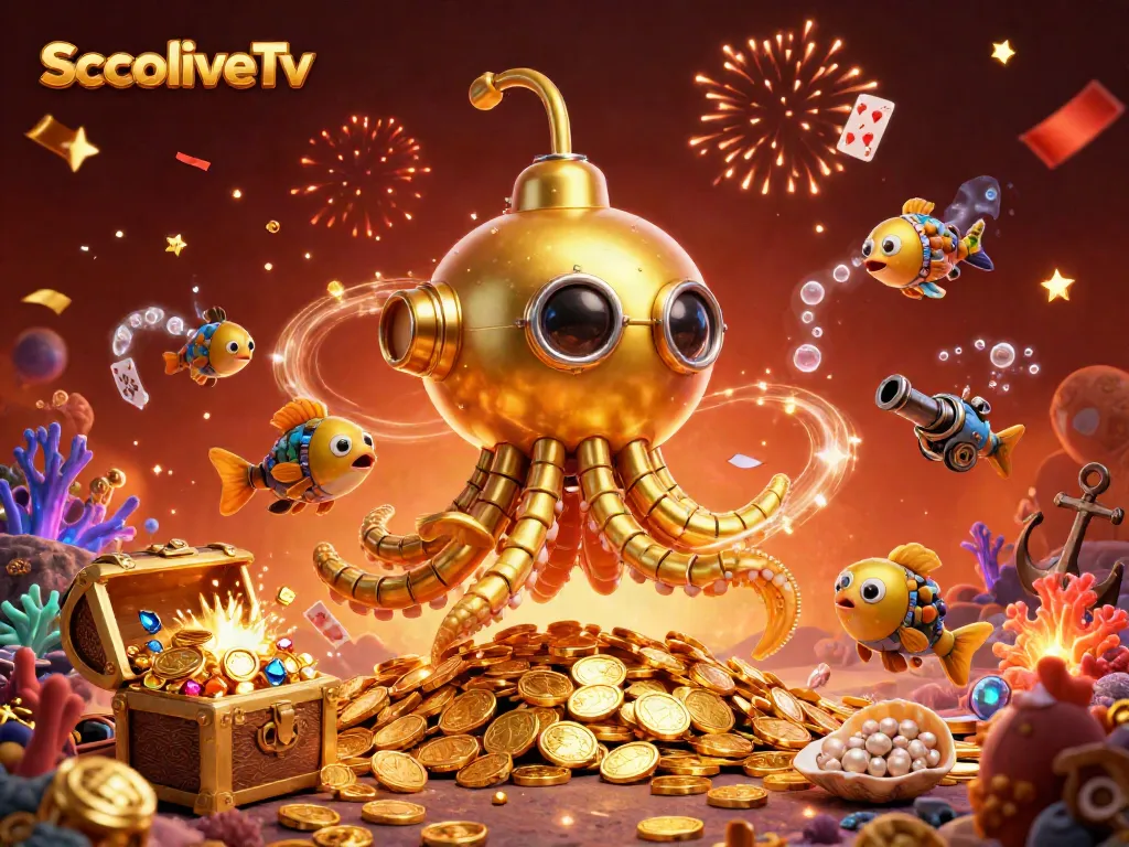 Watch stunning live football action on SocoliveTv with a golden kraken submarine and mechanical fish