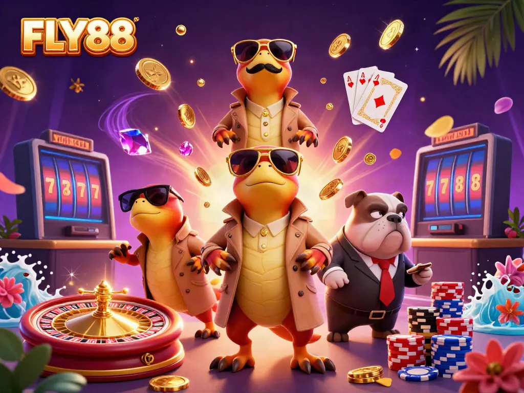 Experience thrilling gaming action with FLY88 in a vibrant casino scene.
