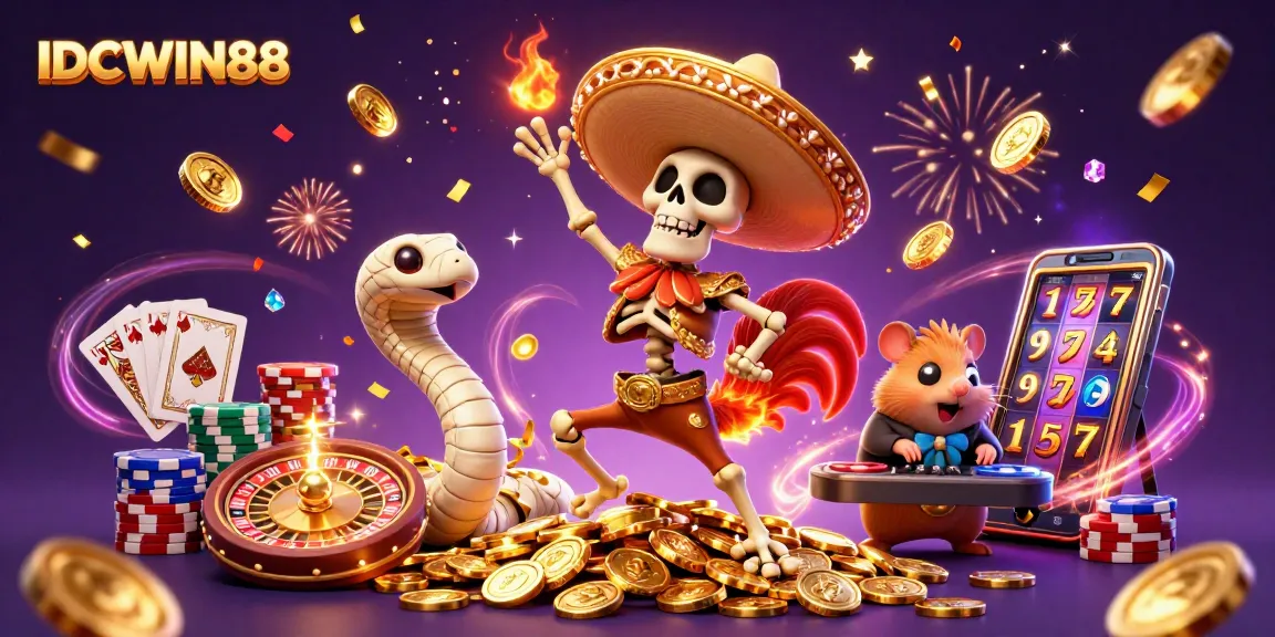 Experience high stakes thrills with IDCWIN88 as lively characters celebrate on a mountain of golden coins.