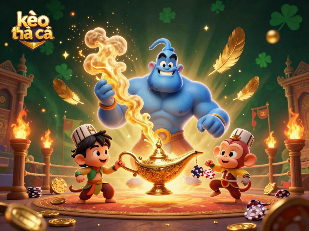 Engage with kèo nhà cái through an enchanting 3D casino scene featuring a lively genie, monkey, and poker chips.