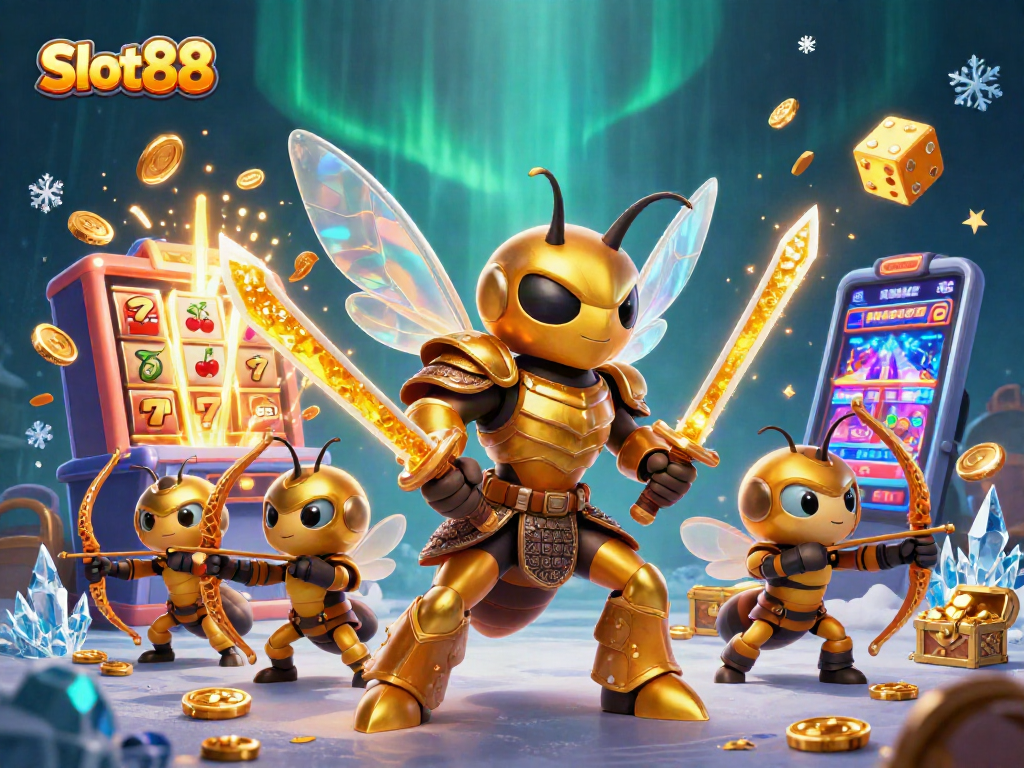 Engage with Slot88 as golden hornets adorn a vibrant casino scene of jackpots and excitement.