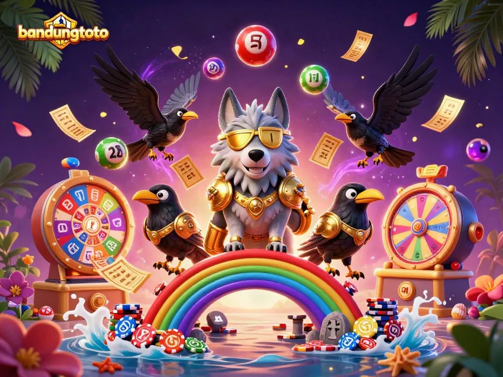 bandungtoto showcases a vibrant scene of gaming excitement with Odin and his ravens amidst colorful casino elements.