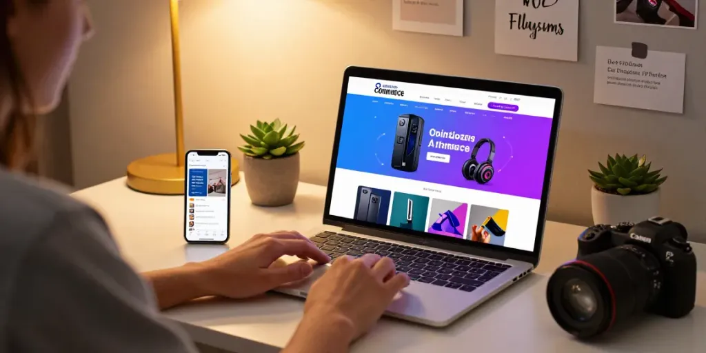 Pengalaman berbelanja online Seributoto dengan laptop dan produk warna-warni.