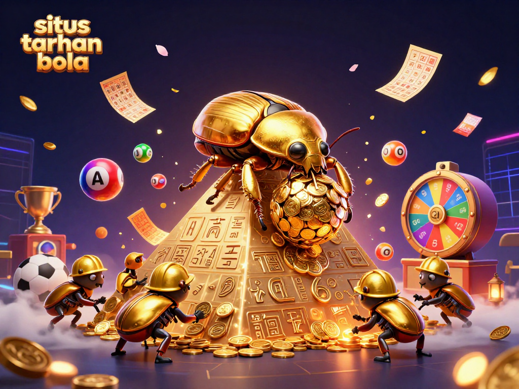 Engage in situs taruhan bola with dynamic sports symbols, colorful lottery elements, and vibrant casino imagery.