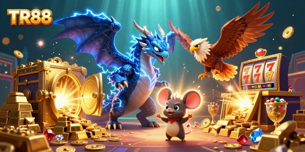 Engage in big wins at TR88 with a vibrant casino scene featuring dynamic characters and glittering treasures.
