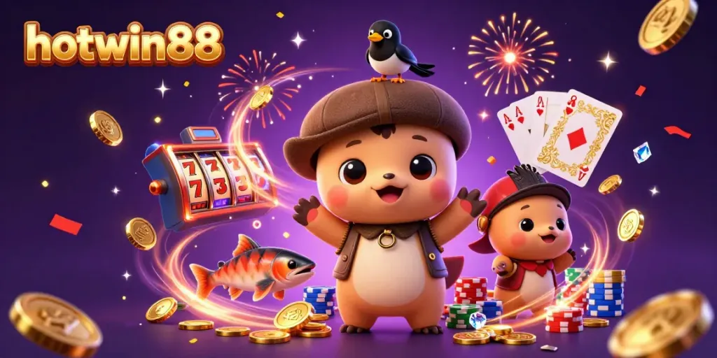 Experience winning with hotwin88 in a vibrant casino scene filled with slot games and playful characters.