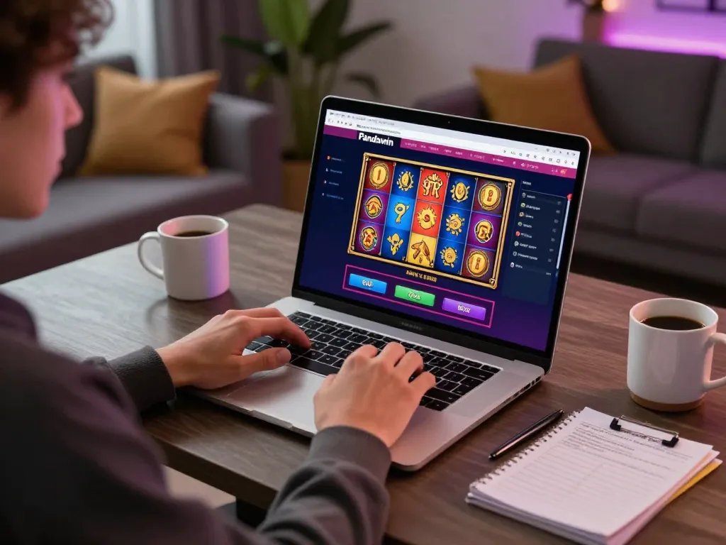 Pengalaman permainan slot Pandawin di laptop, menampilkan gulungan berwarna-warni dan antarmuka yang menarik untuk penjudi online.