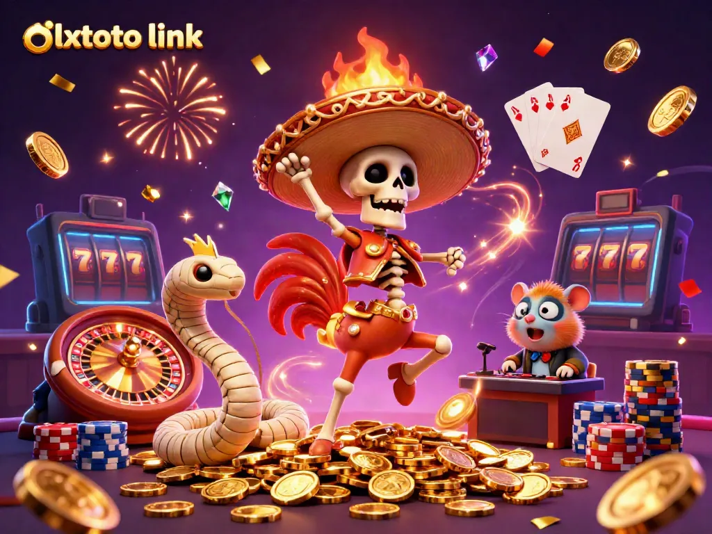 Experience the excitement of olxtoto link as a skeleton mariachi dances amidst golden coins and a vibrant casino scene.
