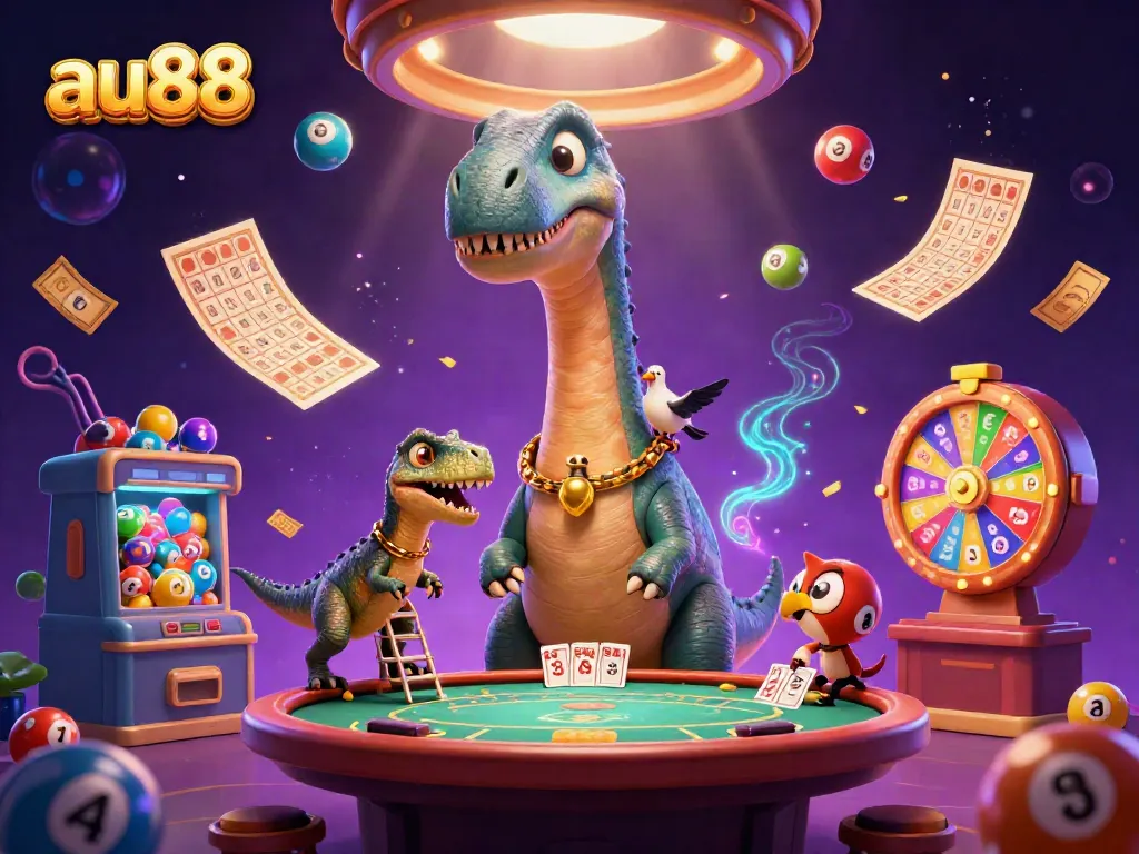 Experience the thrill of au88 as a colossal cartoon brontosaurus overlooks a lively casino scene.