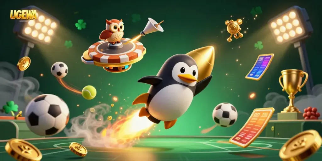 Engage in fun and thrilling gameplay with UGDEWA, featuring a dynamic scene of a penguin and casino elements.