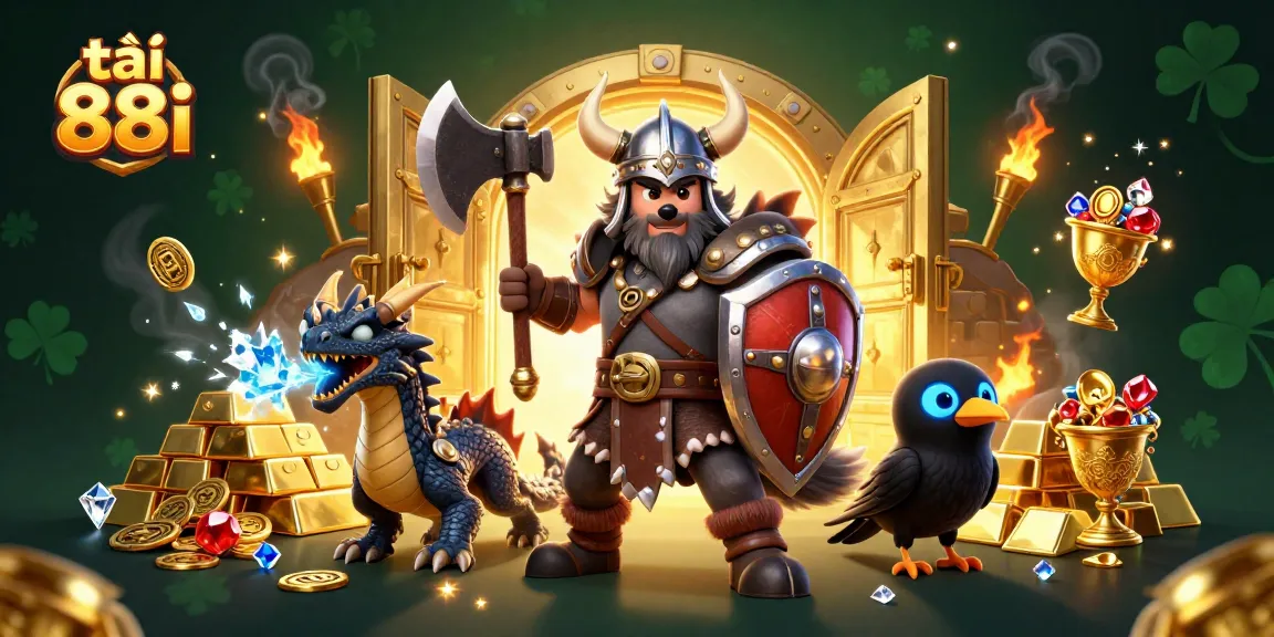 Engage in a thrilling gaming experience by tải 88i, featuring an immersive 3D illustration of a Viking warrior and treasure elements.