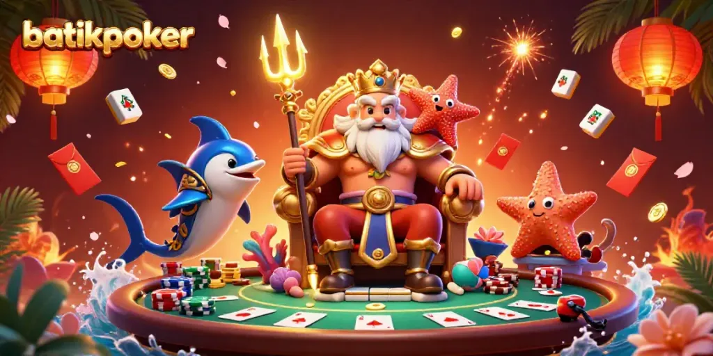 Poker menarik di batikpoker, menampilkan Raja Laut dengan trident, kartu poker, dan chip yang melimpah.