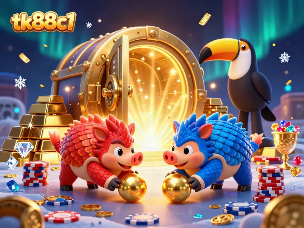 tk88c1 pangolin rivals rolling golden balls and bowling poker chips in vibrant casino setting.