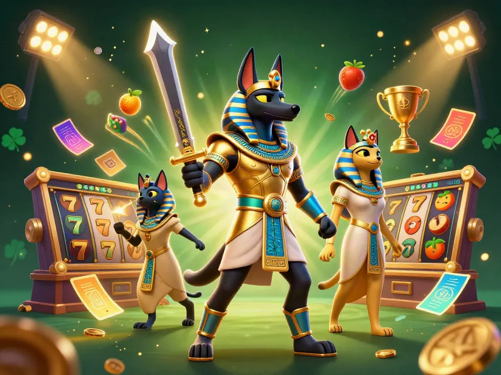 Experience thrilling slots action at au88slots featuring Anubis and Bastet in a vibrant 3D scene.