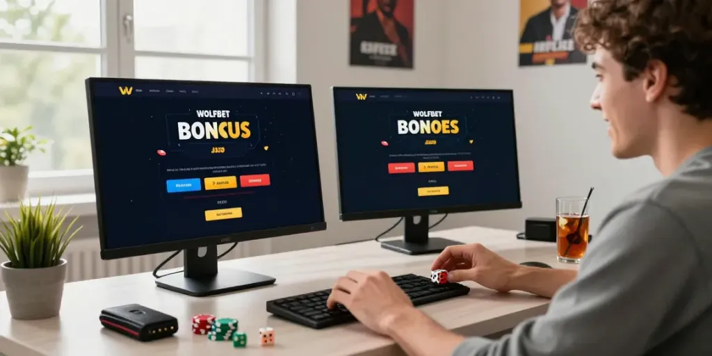 Engaged player exploring the Wolfbet Bonus Page on dual screens in a lively gaming setup.
