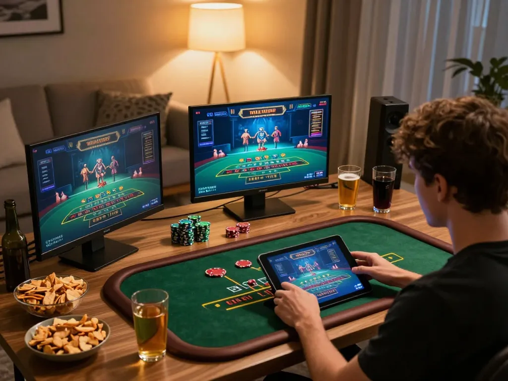 Bongdalu88 online blackjack game in a cozy home gaming setup with ambient lighting