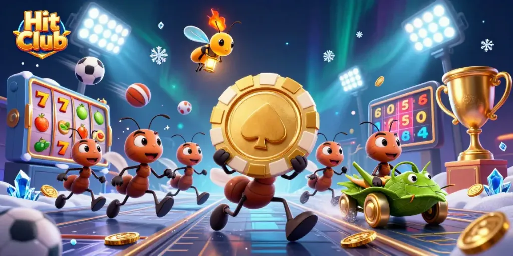 Hit Club adventures with animated ants heisting a giant poker chip amidst vibrant casino elements.