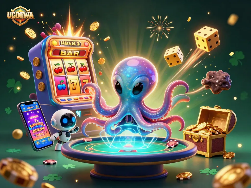 Engage with UGDEWA's thrilling slot machine experience set in a vibrant alien casino space.