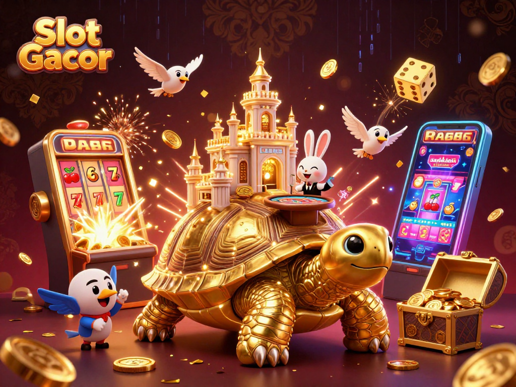 Experience Slot Gacor in action with a golden tortoise casino, a rabbit dealer, and dynamic slot elements.