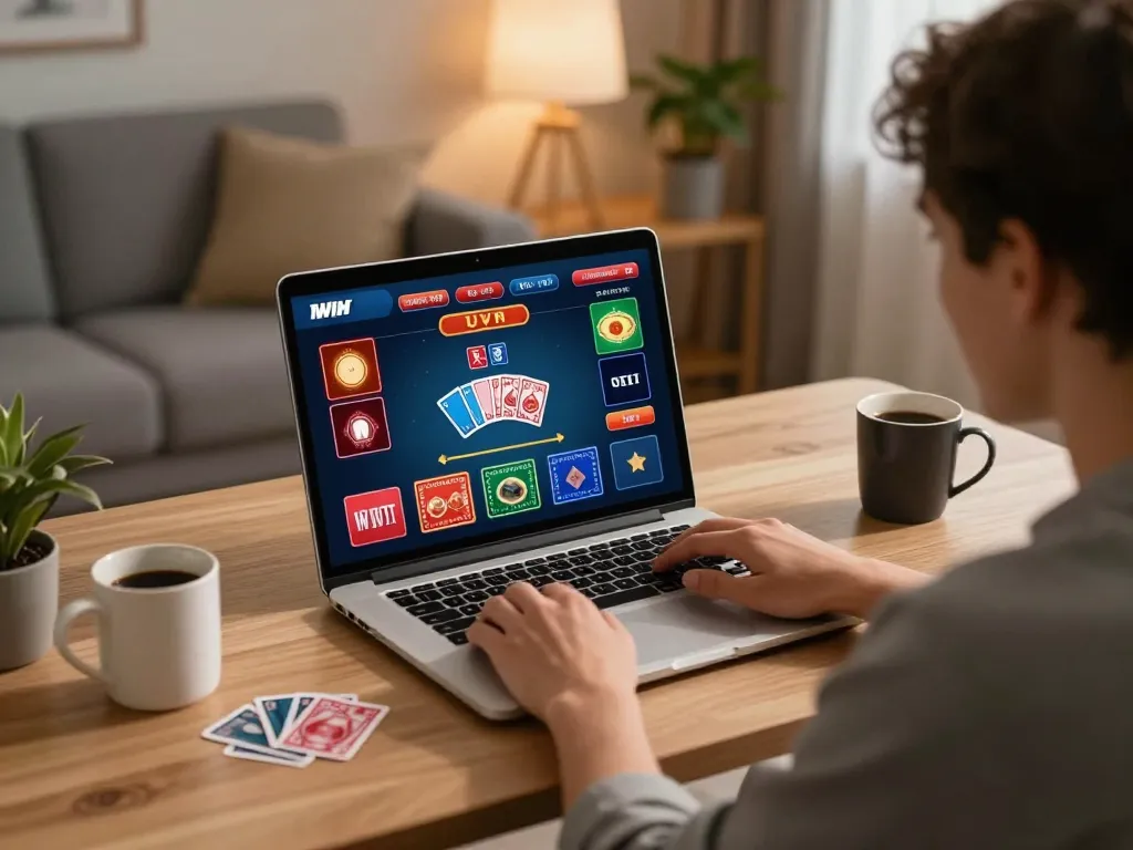IWIN online gaming session viewed from above with a player using a laptop, showcasing engaging casino gameplay.